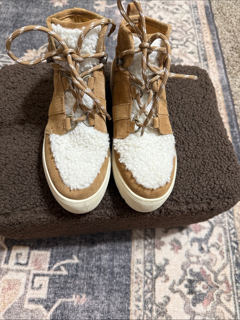 J Slides Tan Suede Lace-Up Sherpa High Top Sneakers